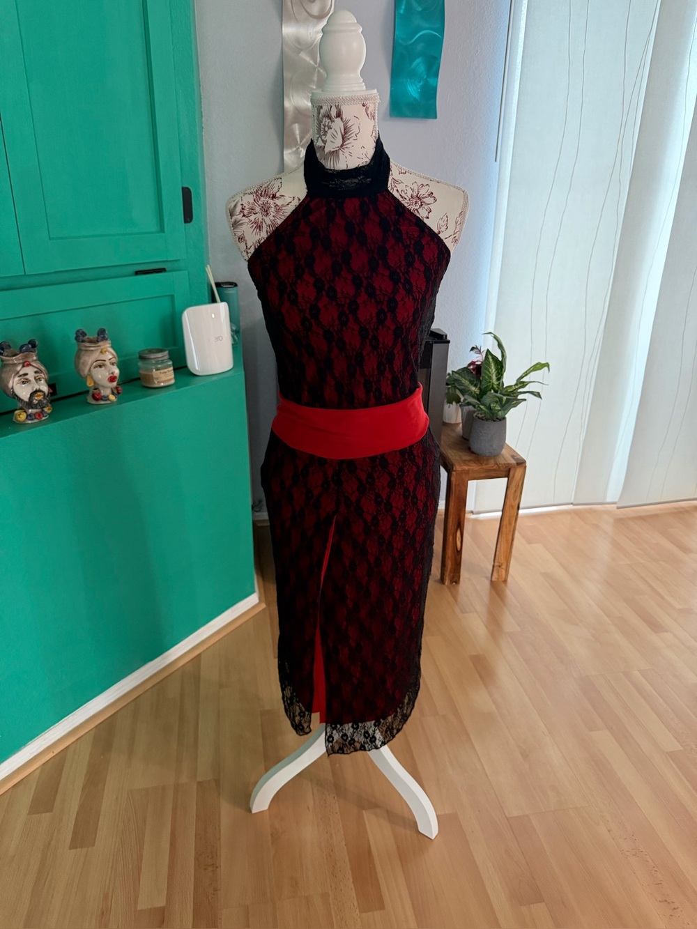 Red and Black Lace Halter Midi Dress with Red Waist Sash